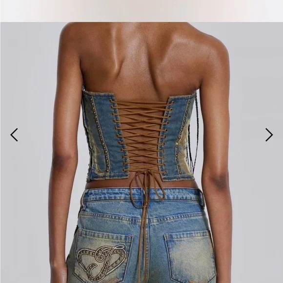 Jaded London Strapless Distressed Denim Corset Top in Blue and Brown - Picture 2 of 3